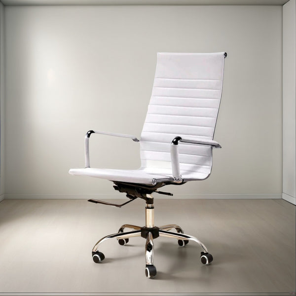 Silla Oficina Ejecutiva Aluminio Con Apoya Brazos Blanco Cuero Sintético