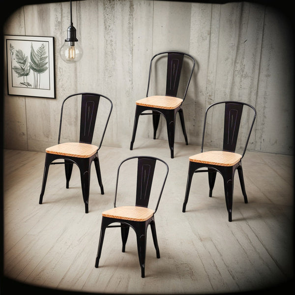 Set 4 Sillas Tolix Metal Con Asiento De Madera Negro Marrón Claro